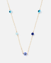 Load image into Gallery viewer, evil eye and blue gemstones on a gold chain