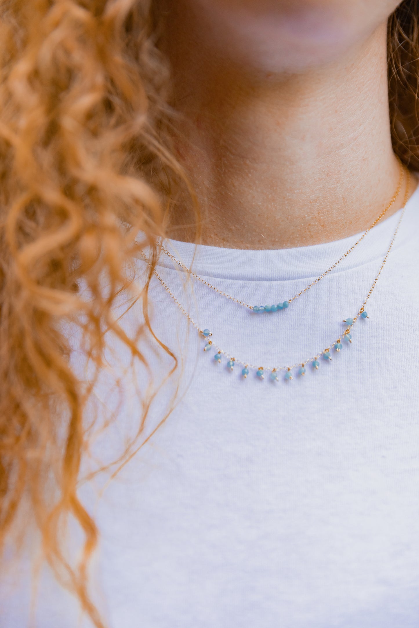 AQUAMARINE ROBIN 14K GOLD FILLED DROP NECKLACE