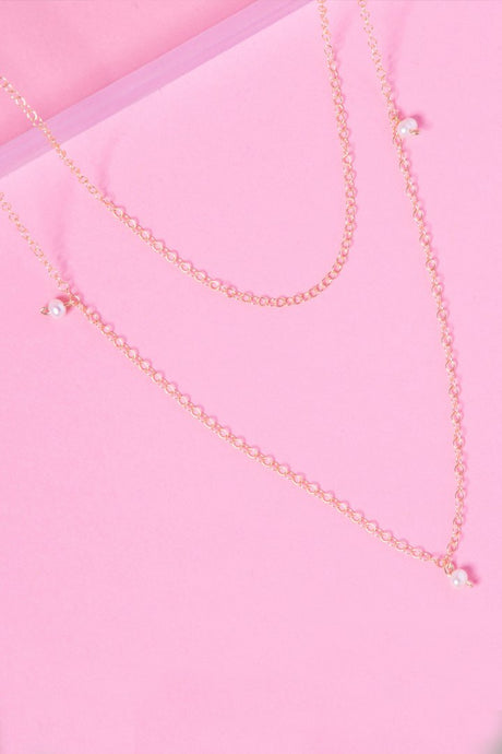 TIERED 14K DOUBLE CHAIN PEARL ACCENT NECKLACE