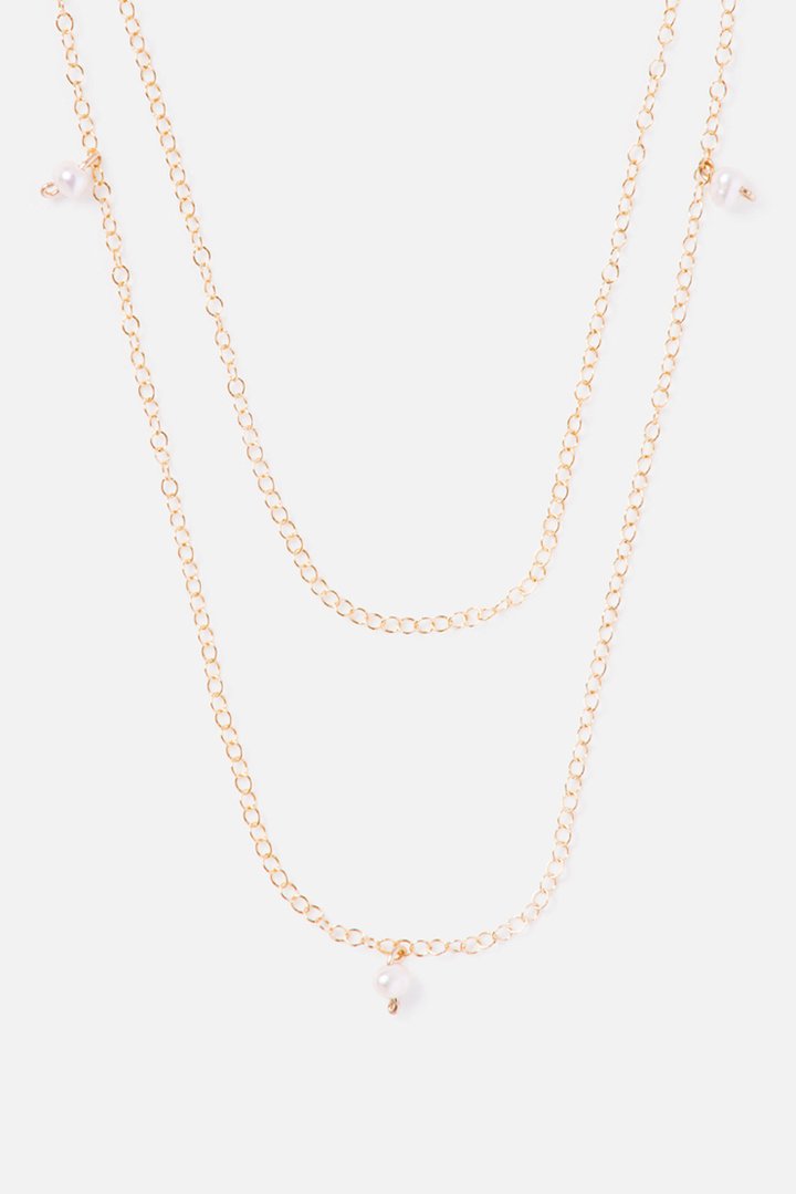 TIERED 14K DOUBLE CHAIN PEARL ACCENT NECKLACE