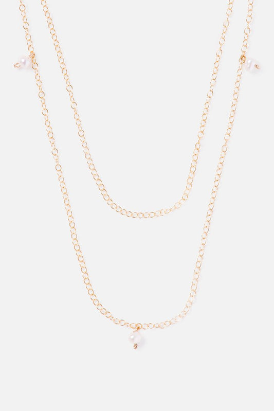 TIERED 14K DOUBLE CHAIN PEARL ACCENT NECKLACE