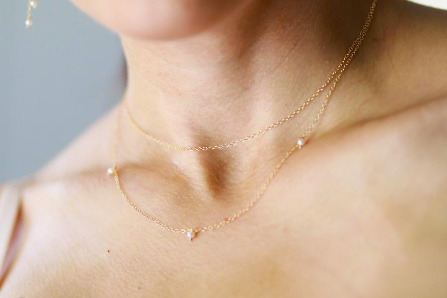 TIERED 14K DOUBLE CHAIN PEARL ACCENT NECKLACE